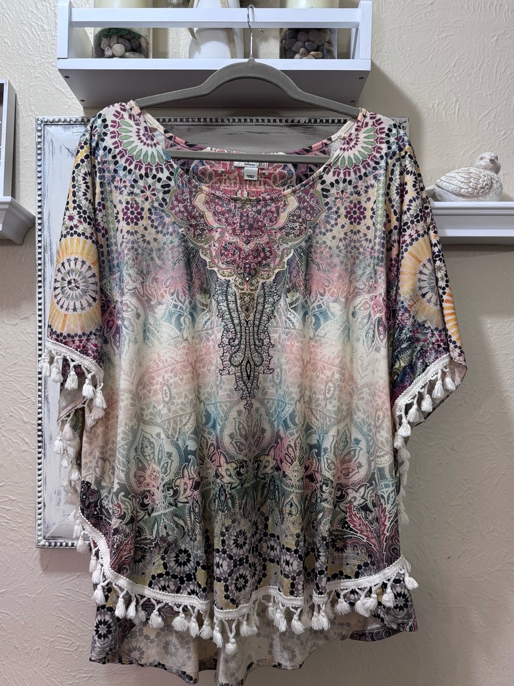 World Unity Bohemian Multicolor Tassel Hem Tunic Top Sz 2X